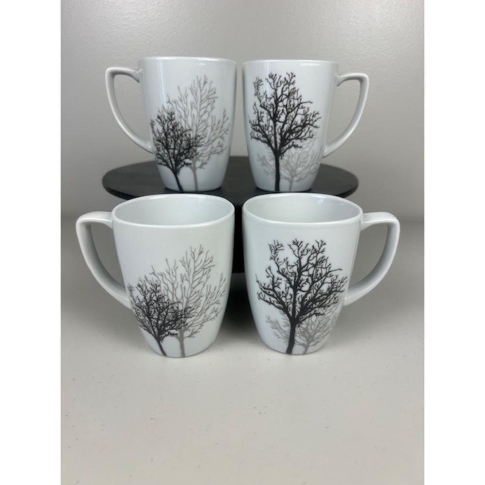 Corelle Coordinates TIMBER SHADOWS Porcelain Tree Coffee Tea Mugs White Set of 4 - Picture 2 of 12